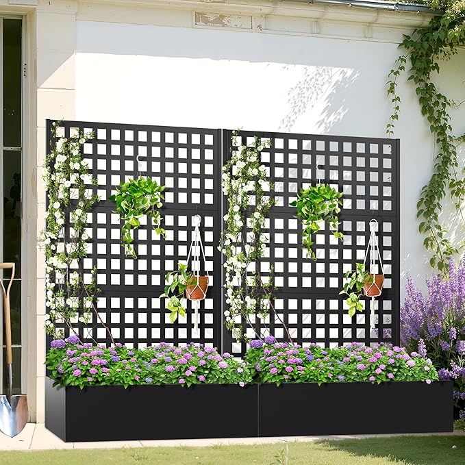 Metal Planter Box with Trellis, Heavy-Duty Raised Garden Bed for Climbing Plants, Drainage Hole, Outdoor Planter Box with Privacy Screen，47''L×16''W×71''H