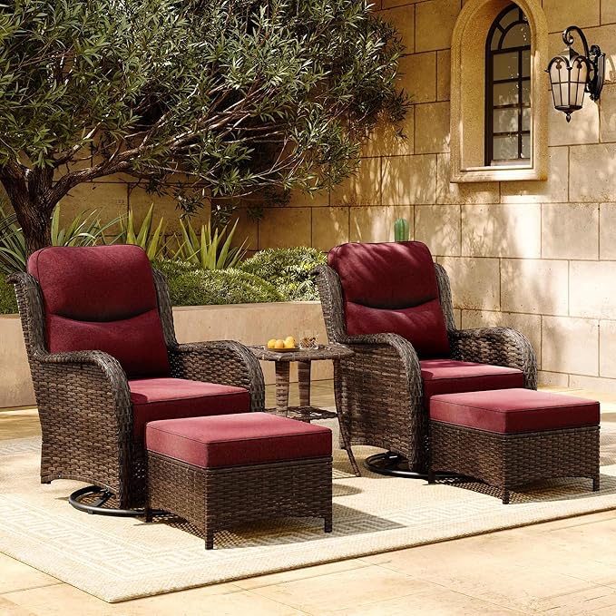 HILLGA Luxury Patio Furniture Set with 6-inch Thick Cushion, Outdoor High Back Swivel Rocker Patio Chairs, 5PCS Wicker Conversation Set for Deck Yard and Poolside, Burgundy (V2)