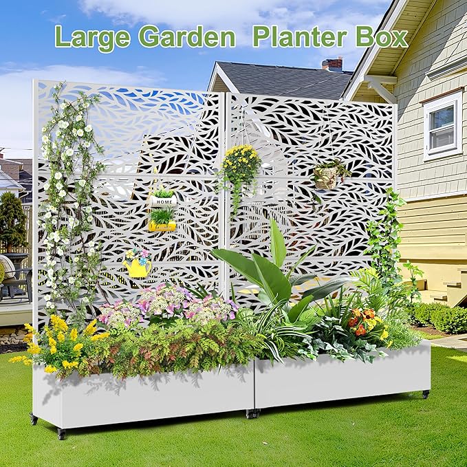 Raised Garden Bed with Trellis and Wheels,73"x47"x16" Metal Raised Garden Bed,White Flowing Leaf Metal Planter with Climbing Trellis for Vines & Vegetables