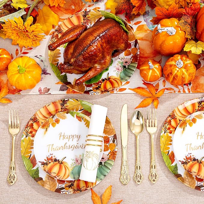 60PCS Thanksgiving Plastic Plates - Heavy Duty Fall Plastic Plate - Fancy Pumpkin Disposable Plates Include 30 Dinner & 30 Dessert Plate for Autumn Friendsgiving Harvest Party Decor