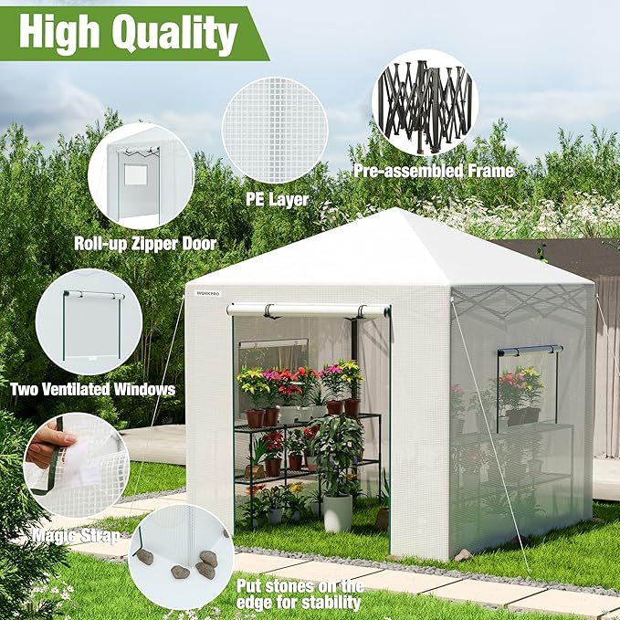 WORKPRO Greenhouse, 94”x 94”x 99” Pop-up Greenhouse for Outdoors , Heavy Duty Gardening House with Sturdy PE Cover, Roll-up Entry Doors and 2 Screen Windows, for Patio, Backyard, Balcony