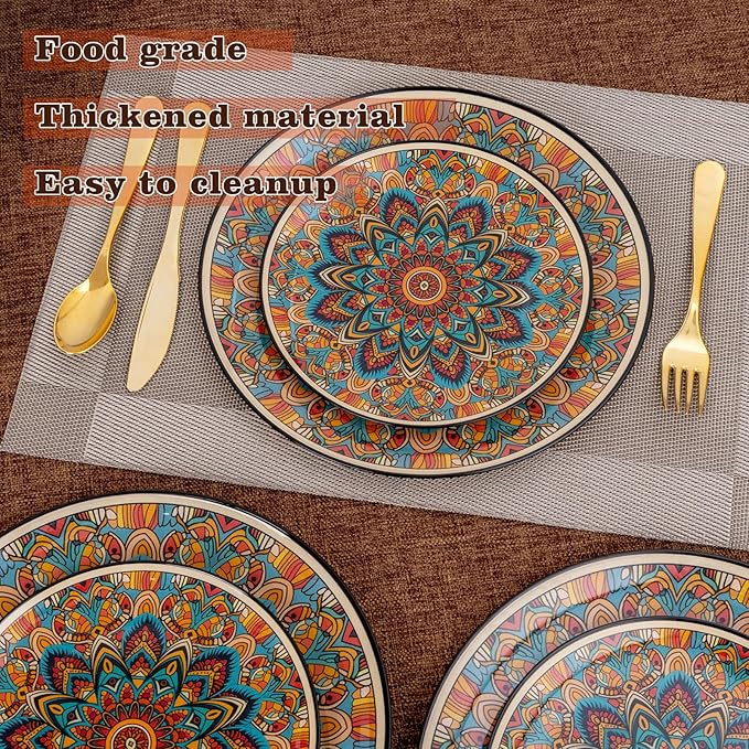 60PCS Bohemian Plastic Plates - Boho Plate Disposable - Vintage Bohemian Style Plate Include 30 Dinner and 30 Dessert Plates for Kitchen Party Decorative