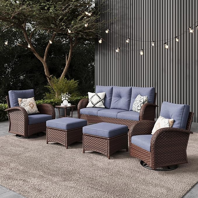 LayinSun 6 Pieces Outdoor Patio Furniture Set, Rattan Wicker Sectional Swivel Rocker Chairs Sets