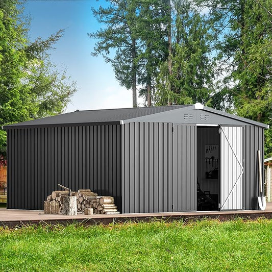 AECOJOY 12' x 12' Outdoor Storage Shed, Dark Grey Large Metal Sheds & Outdoor Storage Clearance Steel Yard Shed with Lockable Doors, Utility and Tool Storage Garden Shed for Backyard