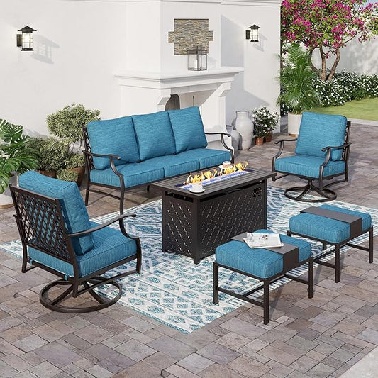 6 Piece Metal Outdoor Patio Furniture Set with Firepit Table, Patio Conversation Set 3-seater Sofa, 2 Swivel Chair, 2 Ottoman with 5.75" Thick Cushion, Black Backyard Furniture, Blue-2