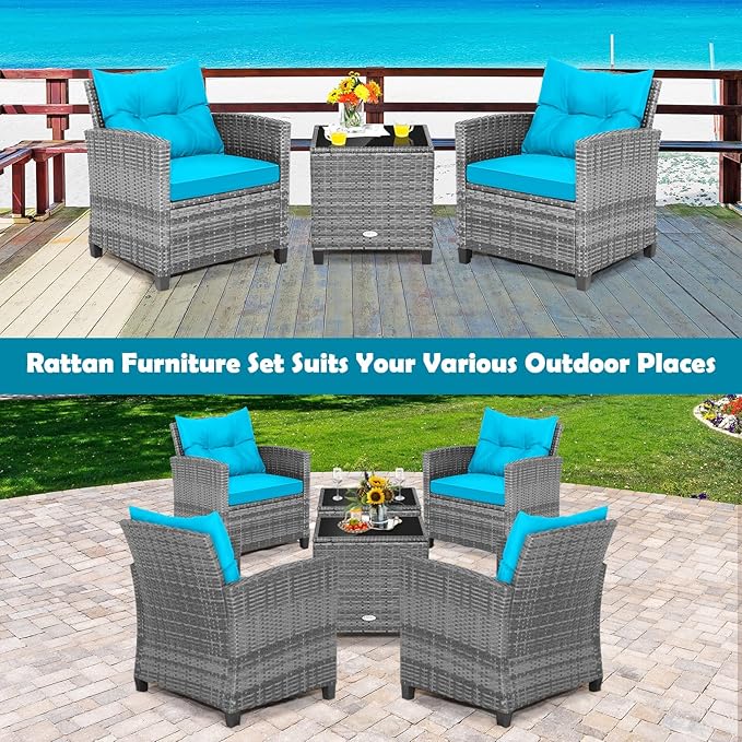 HAPPYGRILL 3 Pieces Patio Conversation Set, Outdoor Furniture Set PE Rattan Sofa Set with Removable Cushions, PE Wicker Chairs with Tempered Glass Side Table for Porch Lawn Garden Balcony Backyard