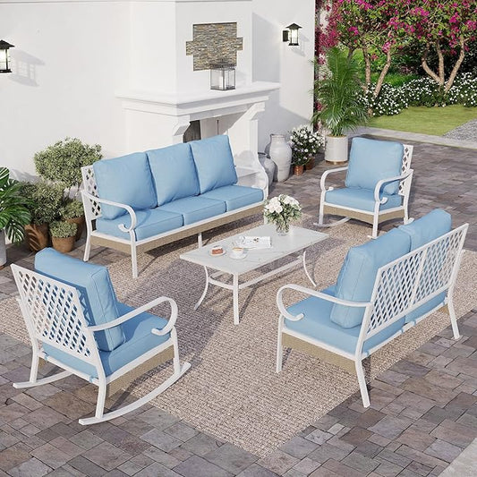 6 Piece Metal Outdoor Patio Furniture Set, Patio Conversations Set 3-Seater Sofa, 2-Seater Sofa, 2 Rocking Chair with 5.75" Thick Cushion & Coffee Table White Backyard Furniture, Blue