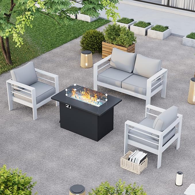 Patio Furniture Set with Fire Pit Table, Aluminum Patio Furniture Set,White Outdoor Metal Sectional Sofa with Aluminum Fire Pit Table for Garden Backyard (Include Waterproof Cover)