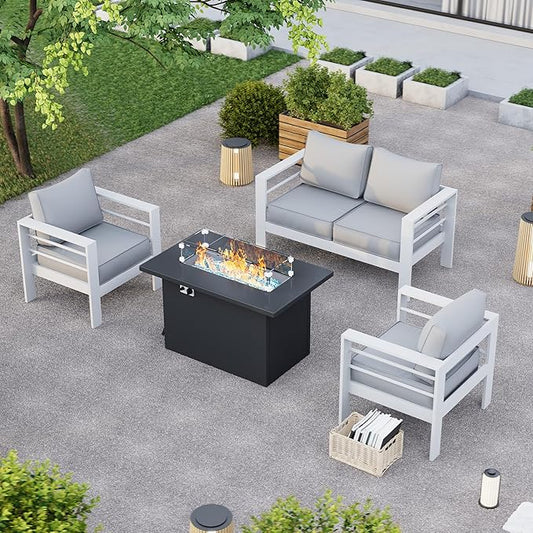 Patio Furniture Set with Fire Pit Table, Aluminum Patio Furniture Set,White Outdoor Metal Sectional Sofa with Aluminum Fire Pit Table for Garden Backyard (Include Waterproof Cover)