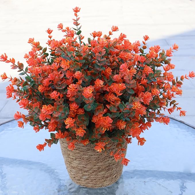 Artificial Flowers for Outdoors, 12 Bundles UV Resistant Realistic Faux Plants for Outside Porch Planter, Spring Summer Home Garden Decoration, Green Orange