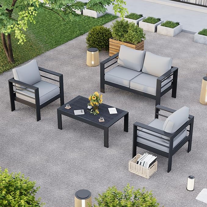 Aluminum Patio Set, 5 Piece Metal Outdoor Furniture With Waterproof Covers for Backyard Garden