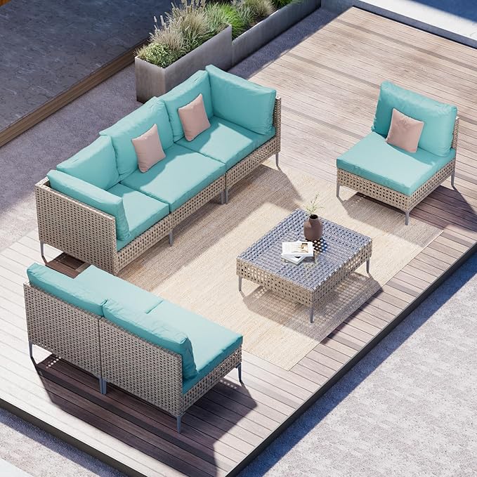 Grand patio 7-Piece Wicker Patio Furniture Set, Boho Outdoor Conversation Set Sectional Sofa with Water Resistant Thick Cushions and Coffee Table, Blue
