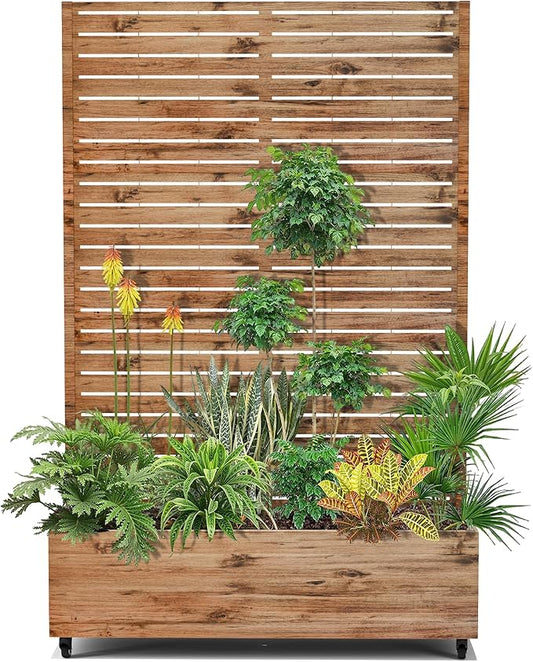 15.7"×70.9"×47.2" Metal Raised Garden Bed with Trellis and Wheels - Tall Trellis Planter Box for Climbing Plants, Vegetables & Vines - Outdoor Privacy Planters for Patio (Natural Wood Grain)