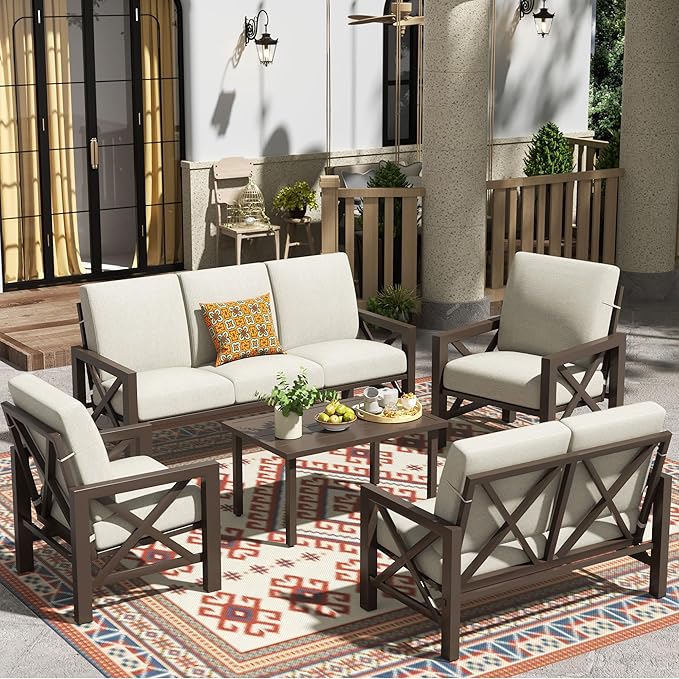 NATURAL EXPRESSIONS 5 Pieces Patio Furniture Set,Outdoor Furniture Sectional Sofa Modern Patio Set for 7 with Deep Seating,High Back Backrest,3 Seater Sofa,Loveseat,2 Fixed Chairs,Metal Table,Beige
