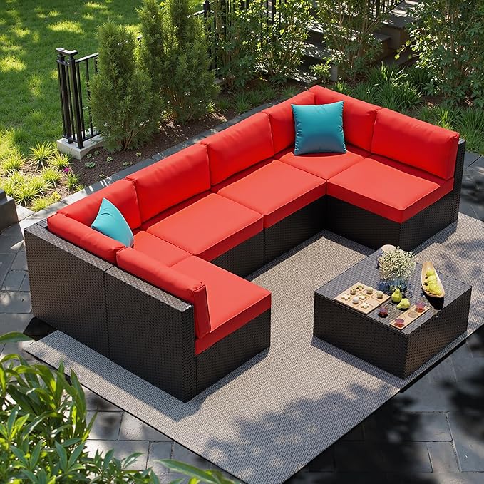 Shintenchi 7 Pieces Patio Furniture Sets Outdoor All-Weather Sectional Patio Sofa Set PE Rattan Manual Weaving Wicker Patio Conversation Set with Glass Table&Ottoman Cushion and Red Pillows, Red