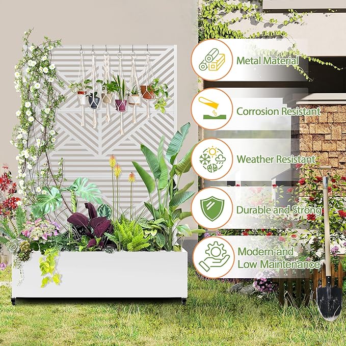 Raised Garden Bed with Trellis and Wheels,73"x47"x16" Metal Raised Garden Bed,White Diamond Metal Planter with Climbing Trellis for Vines & Vegetables