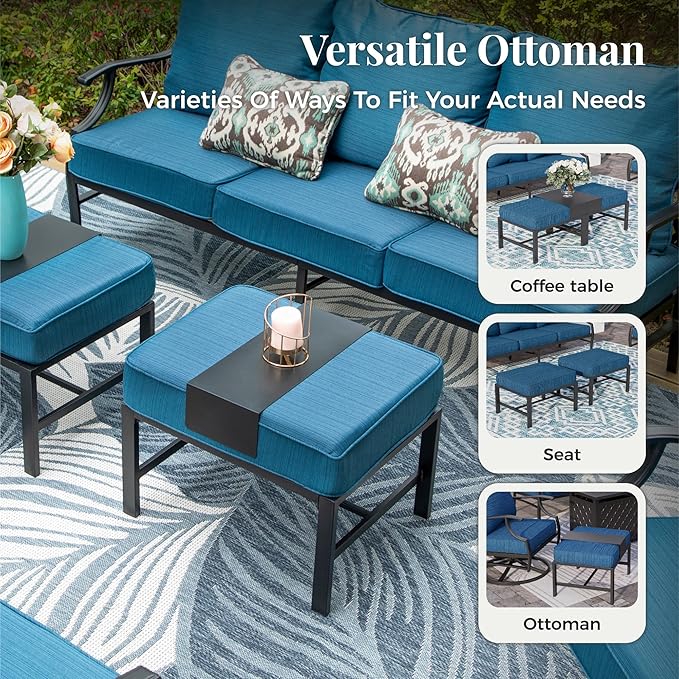 Patio Furniture Set 7 pcs, Outdoor Patio Furniture, 3-Seat Sofa, 2 Single Chairs, 2 Rocking Chairs, 2 Ottomans and 5.75" Extra Thick Cushion, Conversation Set for Deck,Gemstone Blue