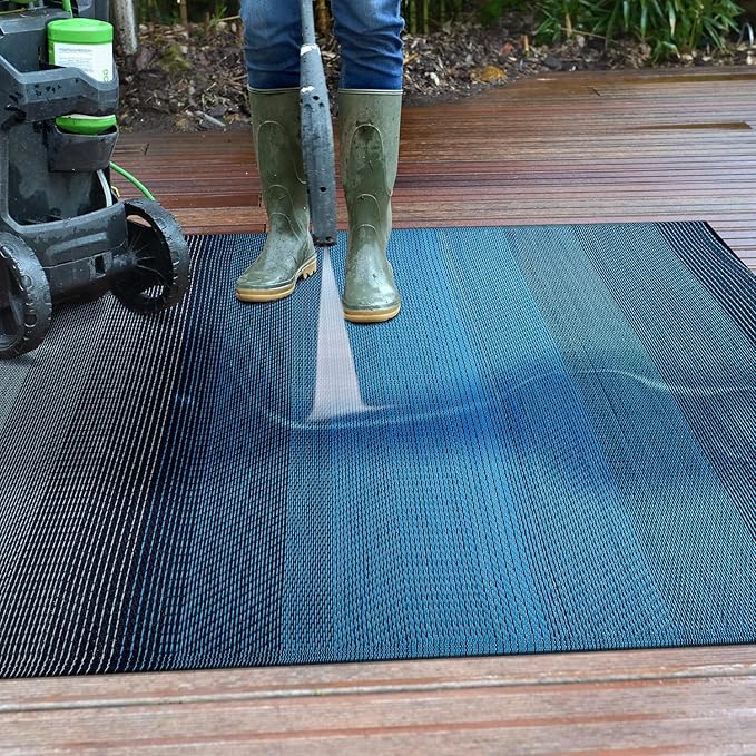 Rugshop Stripe Shade Reversible Crease-Free Waterproof Premium Recycled Plastic Outdoor Rugs for Patio,Backyard,RV,Deck,Picnic,Trailer,Beach,Camping,Sunroom Sky/Blue 5' x 7'