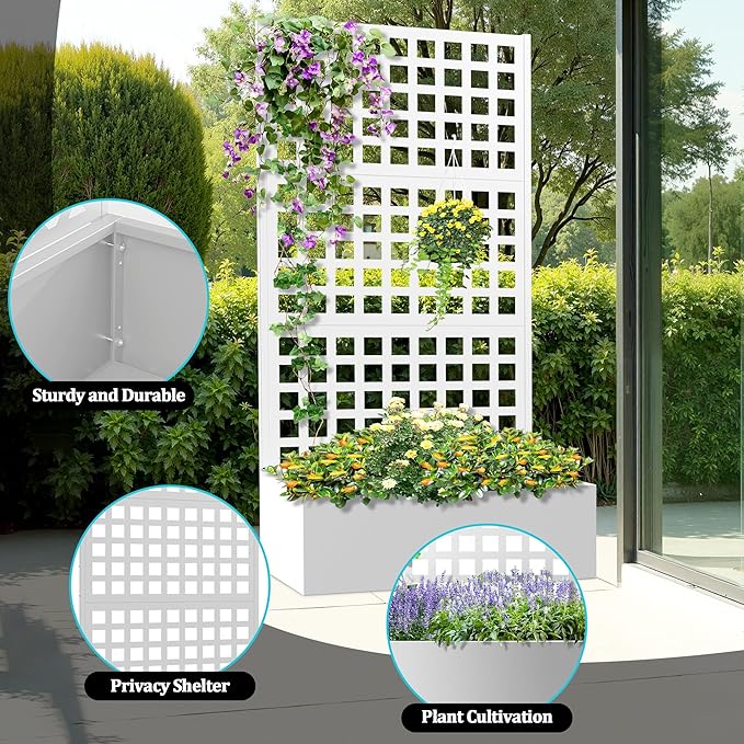 Metal Planter Box with Trellis, Planter Box with Privacy Screen, Privacy Trellis Outdoor for Climbing Plants with Drainage Holes, Raised Garden Bed for Vegetables