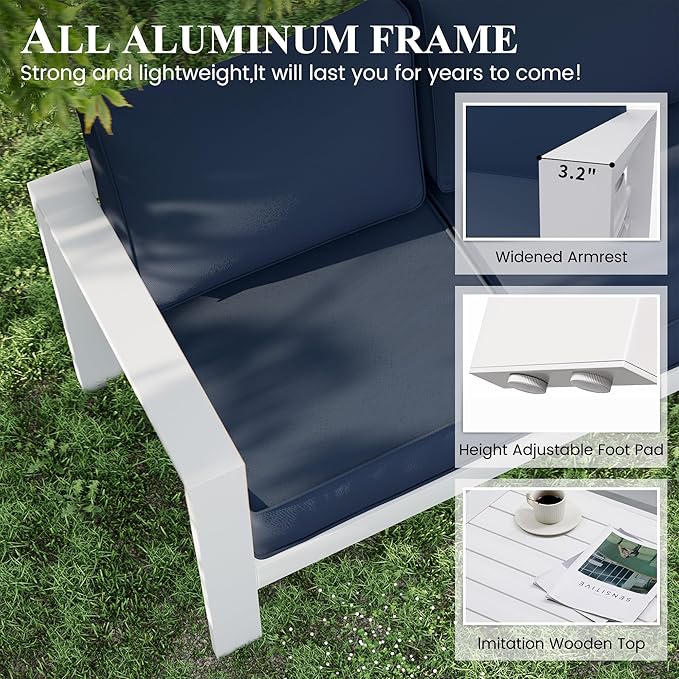 Patio Furniture Set with Fire Pit Table, Aluminum Patio Furniture Set,Blue Outdoor Metal Sectional Sofa with Aluminum Fire Pit Table for Garden Backyard (Include Waterproof Cover)