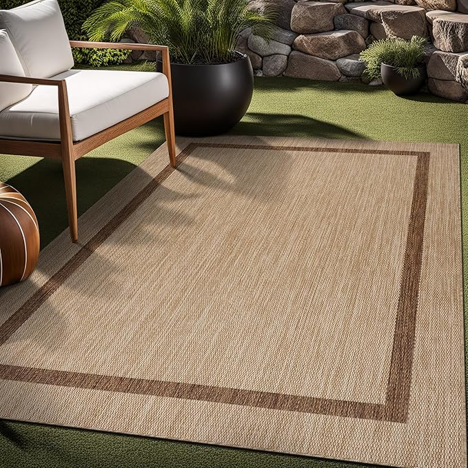 Bordered Outdoor Rug 8x10 Washable Outside Carpet for Indoor Patio Porch Waterproof Easy Cleaning Non Shedding Area Rugs Jute Beige - Nut Brown 8 x 10