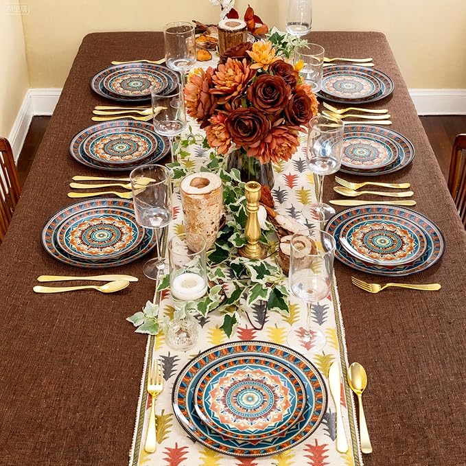 60PCS Bohemian Plastic Plates - Boho Plate Disposable - Vintage Bohemian Style Plate Include 30 Dinner and 30 Dessert Plates for Kitchen Party Decorative