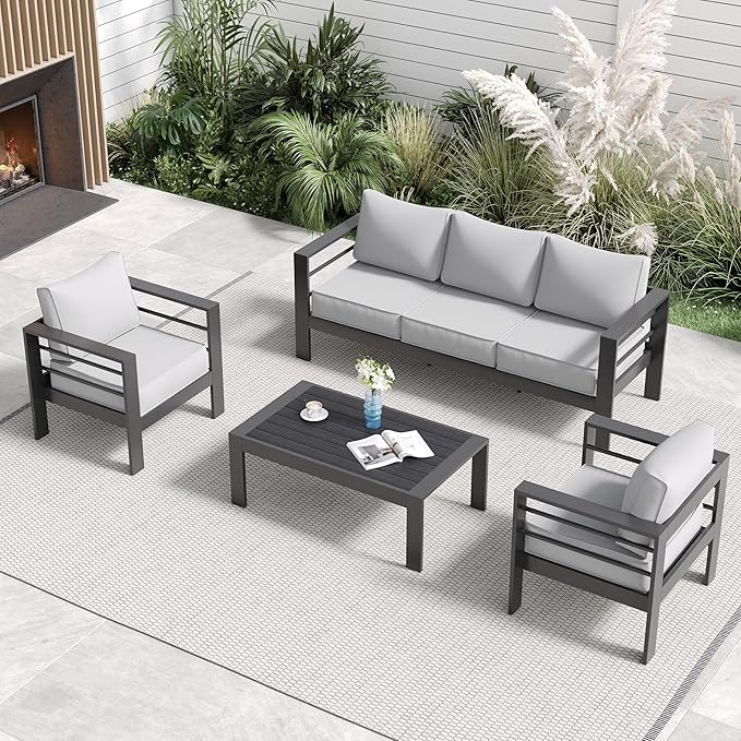 Aluminum Patio Furniture Set, 6 Piece Metal Outdoor Furniture Set, Patio Set with Waterproof Covers for Backyard Garden