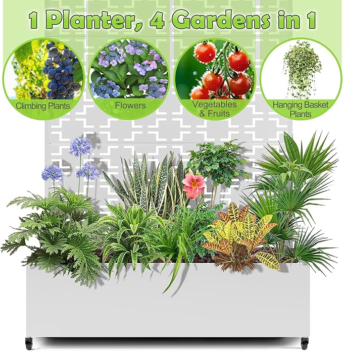 15.7"×70.9"×47.2" Metal Raised Garden Bed with Trellis and Wheels - Tall Trellis Planter Box for Climbing Plants, Vegetables & Vines - Outdoor Privacy Planters for Patio (White-Square)