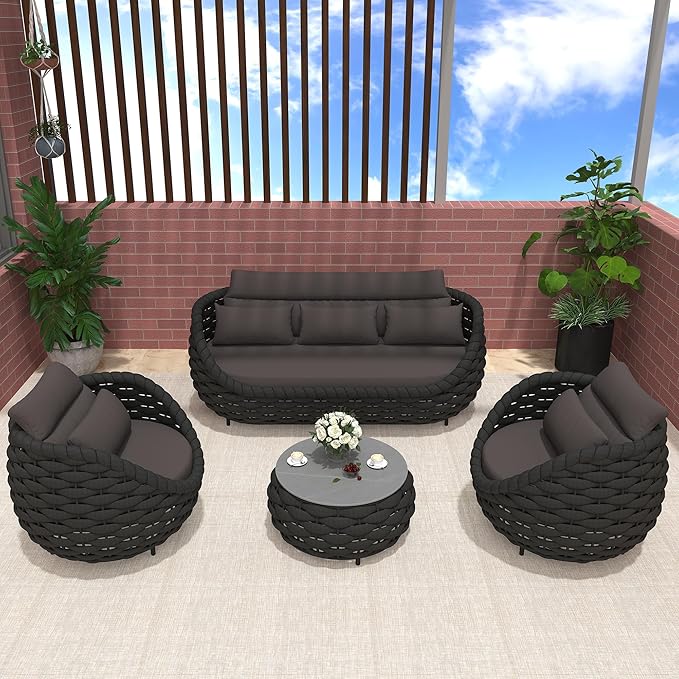 6-Piece Aluminum Patio Furniture Set, Modern Outdoor Conversation Set Sectional Sofa with Water Repellent Thick Cushions and Coffee Table for Balcony, Garden