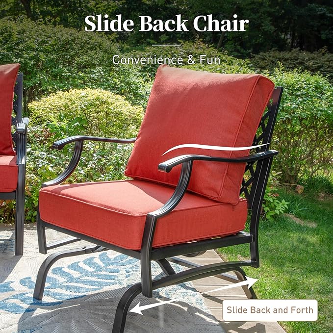 7 Piece Metal Outdoor Patio Furniture Set, Patio Conversation Sets 3-Seater Sofa, 2 Rocking Chair, 2 Ottomans with 5.75" Thick Cushion, Black All-Weather Frame Backyard Furniture, Red