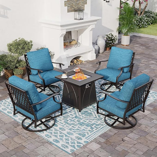 5 Piece Metal Outdoor Patio Furniture Set with Fire Pit Table, Patio Conversation Sets 4 Swivel Chairs with 5.75" Thick Cushion and 5000 BTU Fire Pit Table, Backyard Furniture, Blue-2