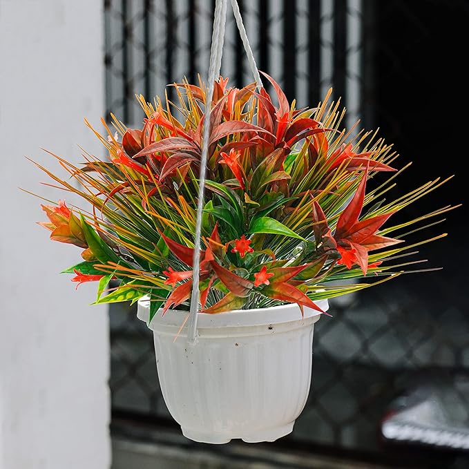 Uieke 6Pcs Outdoor Artificial Plants UV Resistant, Fake Morning Glory Flowers with Orange Grass, Tropical Flowers Fall Leaves Foliage for Garden Patio Sidewalk Décor Red