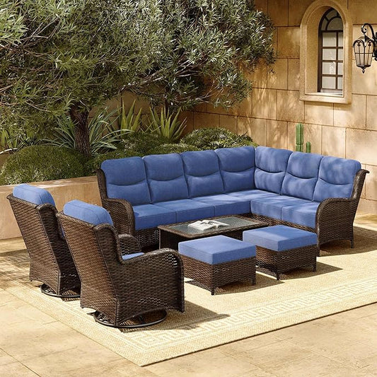 HILLGA Luxury Patio Furniture Set with 6-inch Thick Cushion, Outdoor Sectional Sofa and High Back Swivel Rocker Patio Chairs, 7PCS Wicker Conversation Set for Deck Yard and Pool, Blue (V2)