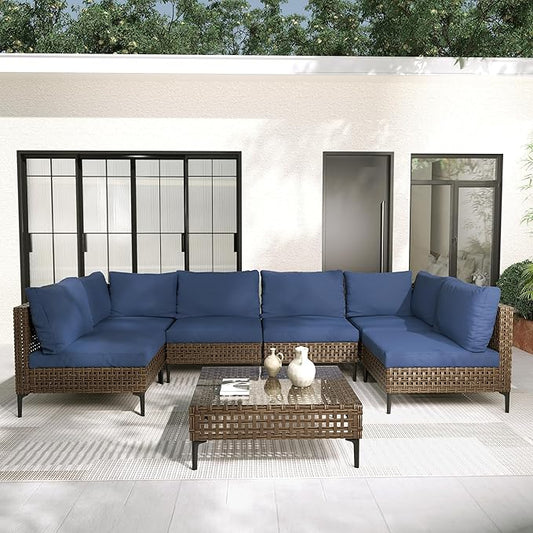 Grand patio 7-Piece Wicker Patio Furniture Set, Retro Outdoor Conversation Set Sectional Sofa with Water Resistant Blue Thick Cushions and Coffee Table, Brown