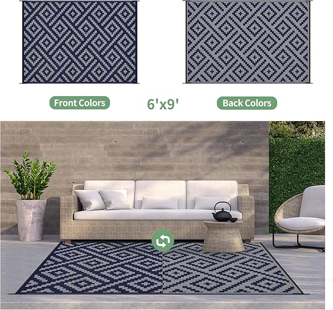 GENIMO Outdoor Rug for Patio Clearance, 6'x9' Waterproof Camping Mat, Reversible Plastic Straw Rugs for RV, Camper, Balcony, Backyard, Picnic, Deck (Blue & Grey)