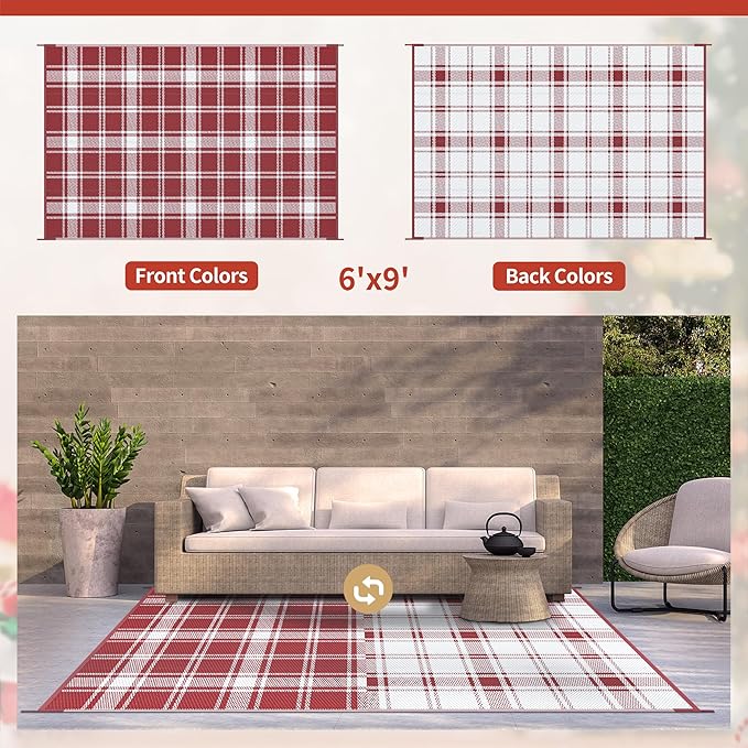 GENIMO Christmas Outdoor Rug for Patio, 6'x9' Waterproof Reversible Plastic Straw Rugs, Lightweight RV Camping Mat for Camper, Balcony, Deck, Backyard, Picnic, Red & White