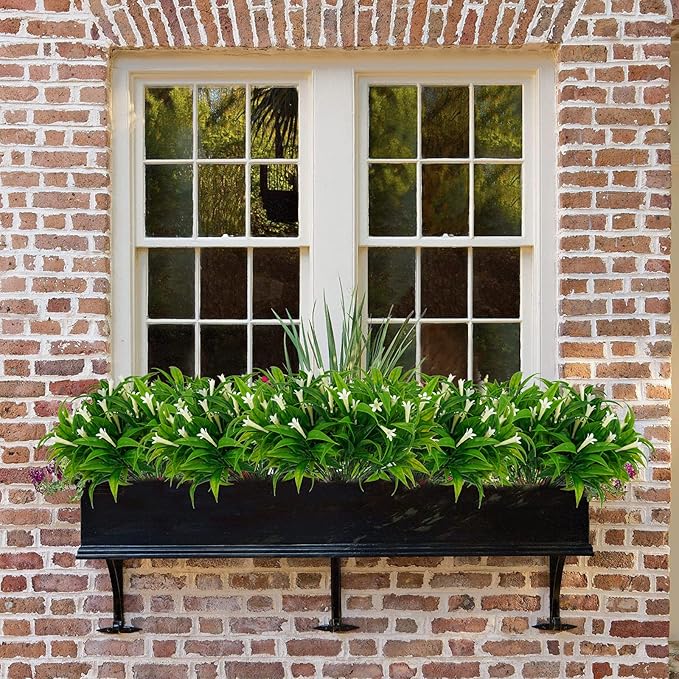Uieke 6Pcs Outdoor Artificial Plants UV Resistant Fake Morning Glory Plastic Plants Shrubs Greenery Foliage for Hanging Planter Garden Patio Sidewalk Décor White