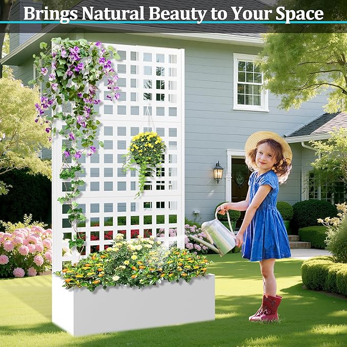 Metal Planter Box with Trellis, Planter Box with Privacy Screen, Privacy Trellis Outdoor for Climbing Plants with Drainage Holes, Raised Garden Bed for Vegetables