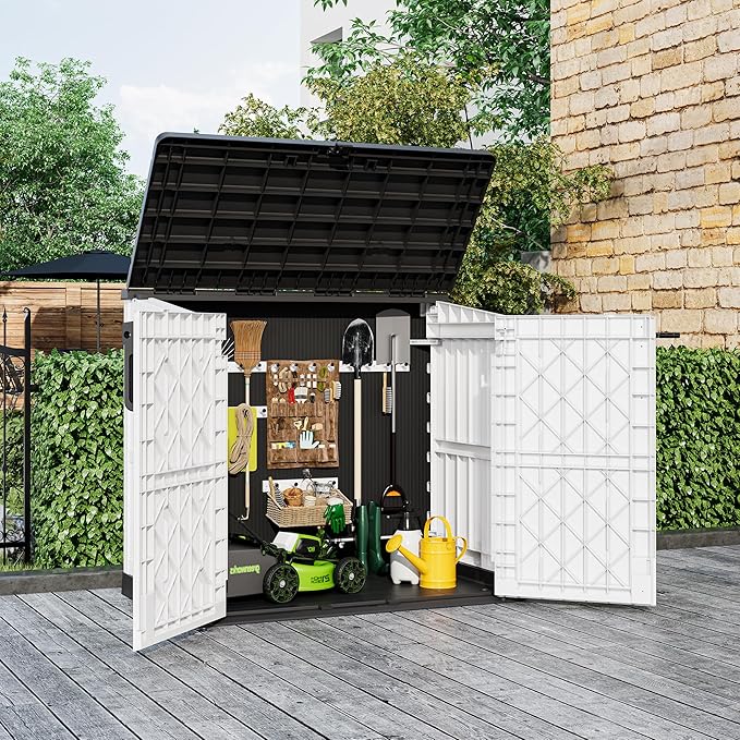 LHBcraft Outdoor Storage Cabinet 36 Cu Ft with Lockable Doors, Portable Horizontal Resin Storage Shed