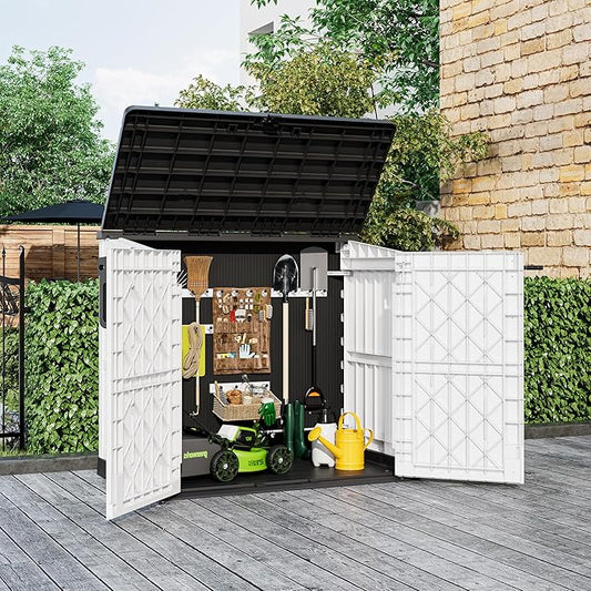 LHBcraft Outdoor Storage Cabinet 36 Cu Ft with Lockable Doors, Portable Horizontal Resin Storage Shed