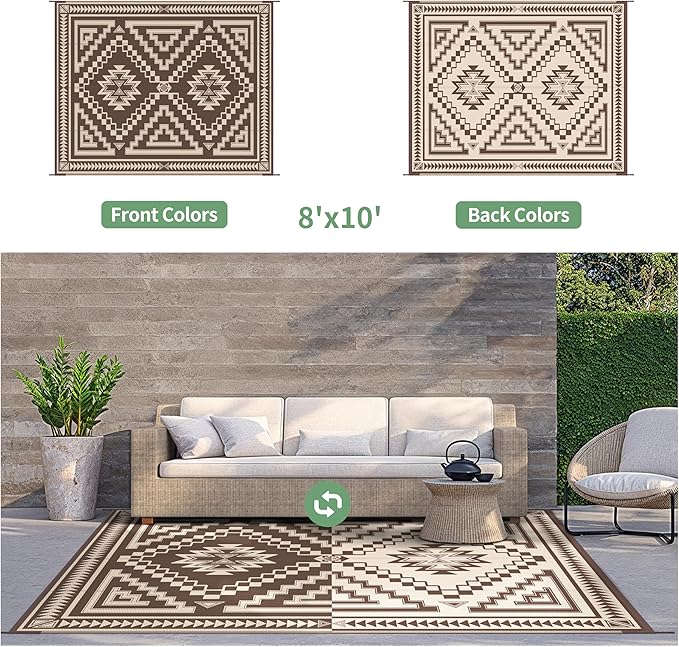 GENIMO Outdoor Rug for Patio Clearance, 8x10 ft Waterproof Mat,Reversible Plastic Camping Rugs, Rv, Porch, Deck, Camper, Balcony, Backyard, Coffee and Beige