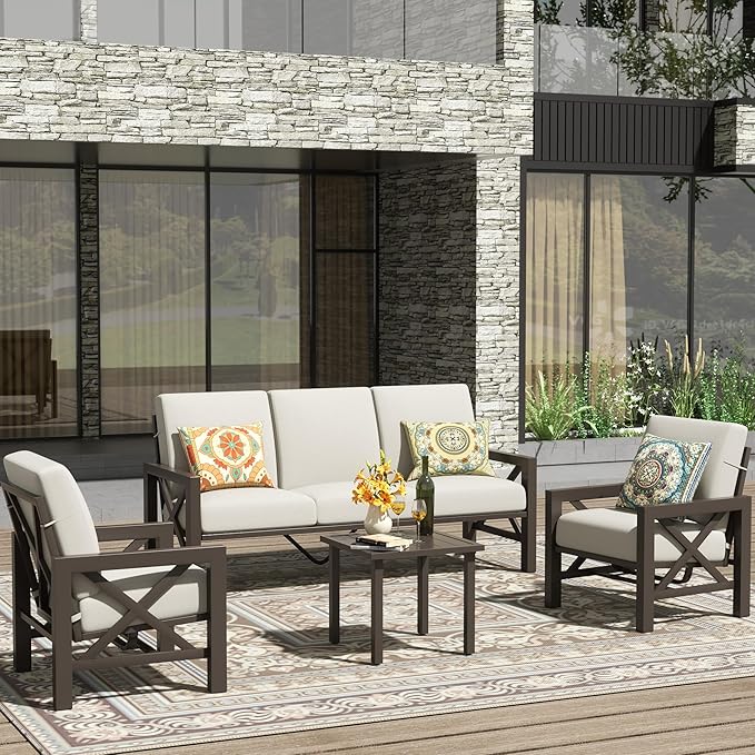 NATURAL EXPRESSIONS 4 Pieces Patio Furniture Set, Outdoor Furniture Sofa Sectional Modern Metal Patio Conversation Set with High Back Backrest & 3 Seater Loveseat and 2 Motion Rocker