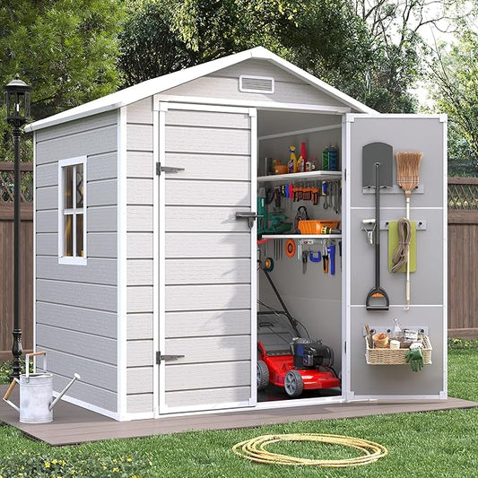 Resin Outdoor Storage Shed with Floor, 6x4.5 FT Plastic Garden Shed, Lockable Door & Window, Waterproof Tool Shed for Bike, Garbage Can, Lawn Mower, Patio Furniture Bedge
