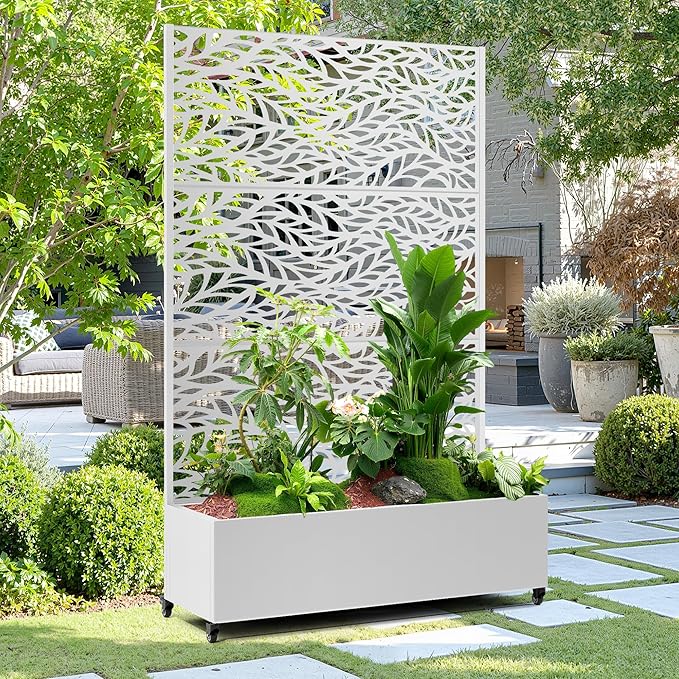 15.7"×70.9"×47.2" Metal Raised Garden Bed with Trellis and Wheels - Tall Trellis Planter Box for Climbing Plants, Vegetables & Vines - Outdoor Privacy Planters for Patio (White-Spring)
