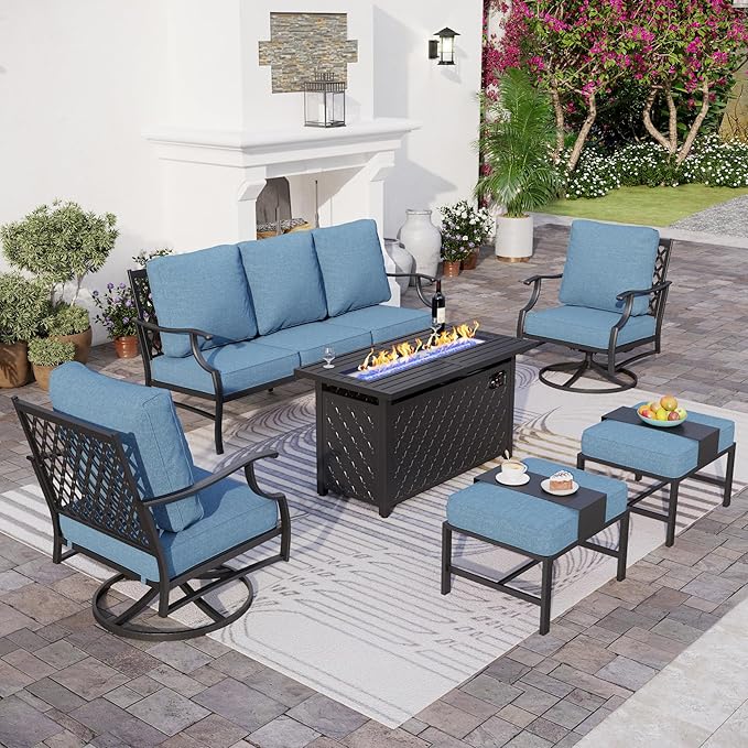 6 Piece Metal Outdoor Patio Furniture Set with Firepit Table, Patio Conversation Set 1 3-seater Sofa, 2 Swivel Chair, 2 Ottoman with 5.75" Thick Cushion, Black Backyard Furniture, Navy