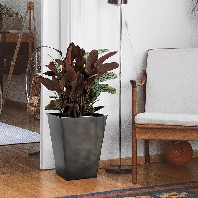 KOL 18''H. Bright Glazed Planter with Drainage Hole, Set of 2, Galvanized Steel Planter Pots for Indoor & Outdoor Use, Decorative Flower Plant Pots for Front Porch, Patio, Deck - Black