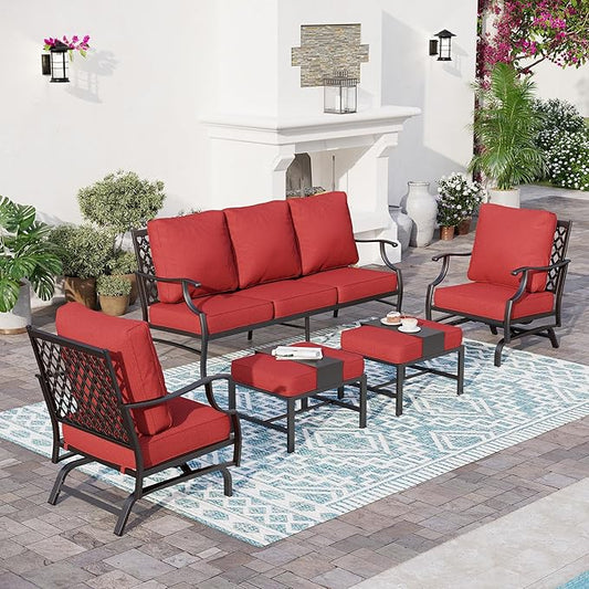7 Piece Metal Outdoor Patio Furniture Set, Patio Conversation Sets 3-Seater Sofa, 2 Rocking Chair, 2 Ottomans with 5.75" Thick Cushion, Black All-Weather Frame Backyard Furniture, Red