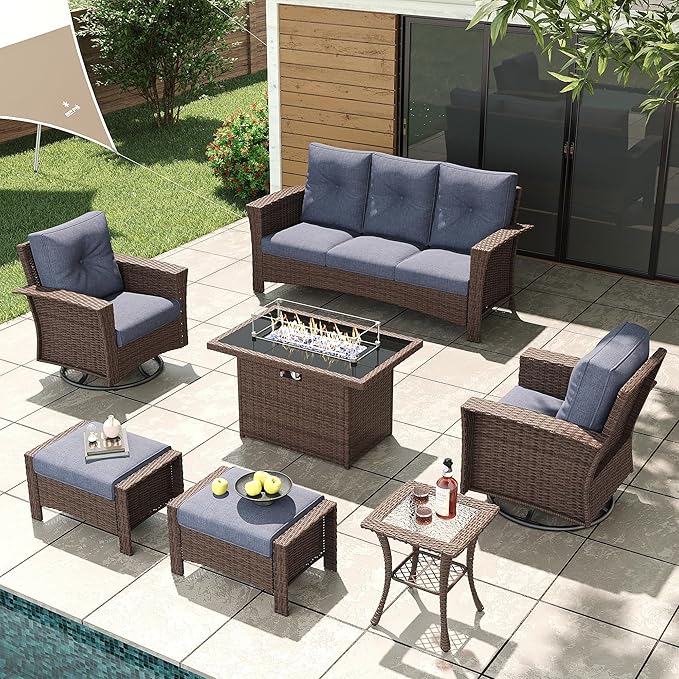 LayinSun 7 Piece Wicker Patio Furniture Set with Fire Pit Table, Classis Outdoor Conversation 360 Degree Swivel Chairs Set with Coffee Table