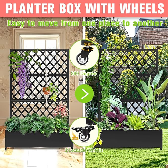 Metal Planter Box with Trellis, Raised Garder Bed with Drainage Hole, Privacy Screen & Trellis for Climbing Plants, Outdoor Plant Stands, 47''L×17''W×73''H, Black