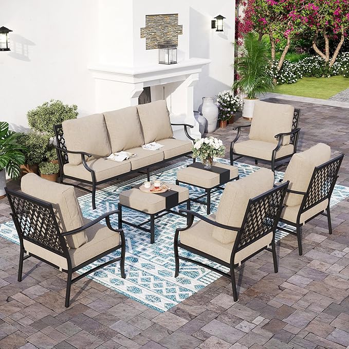 Patio Furniture Set, Modern Metal Outdoor Patio Furniture, 3 Seater Sofa, 4 Single Chairs, 2 Ottomans with 5.75" Extra Thick Cushion, Patio Conversation Set for Backyard Deck